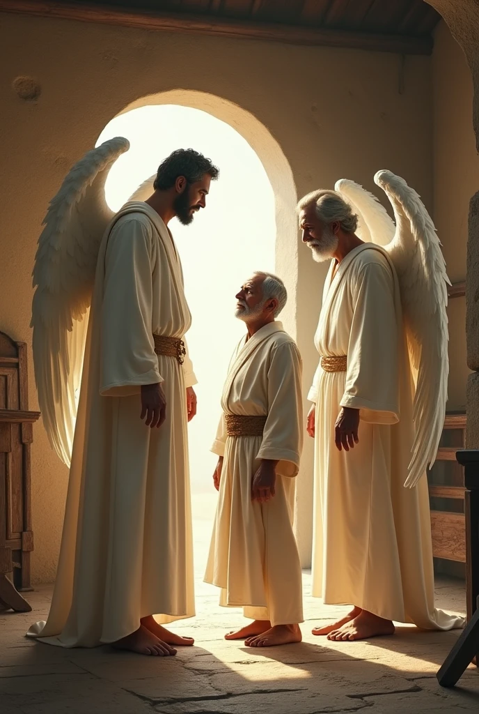 Create a realistic scene in an ancient setting where two male angels, dressed in completely white clothing and without wings, are standing talking to an elderly man, who is also standing. The setting should be the interior of a simple and rustic house, evoking the lifestyle of Lot's time. The angels should have a serene and imposing appearance, with their white clothes contrasting with their modest and ancient surroundings. The elderly man, standing before the angels, must show an expression of surprise and reverence as he listens attentively. Soft lighting should highlight the interaction and create an atmosphere that highlights the otherworldly nature of the encounter.