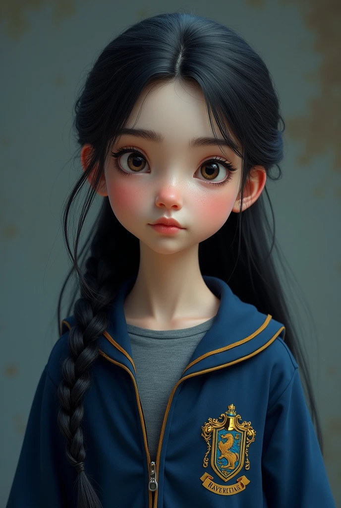 Wearing a Ravenclaw shirt, an 11-year-old girl with a slender face with a clear jawline, dull grey eyes, long black hair, sometimes tied up and left a few strands loose, pale skin color.