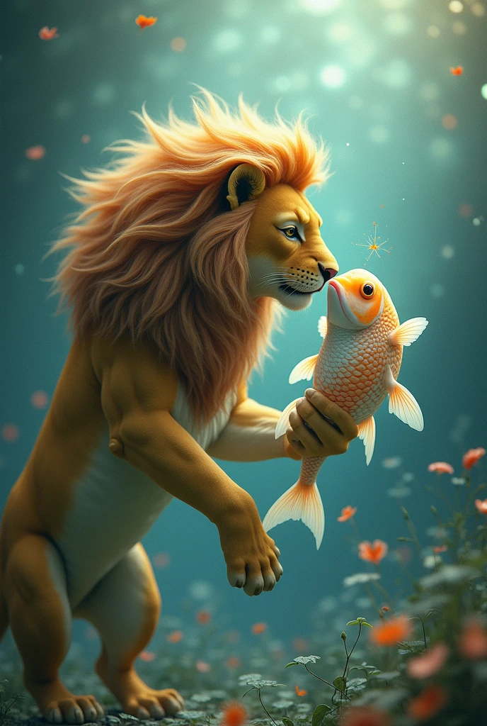 Lion and fish kissing
