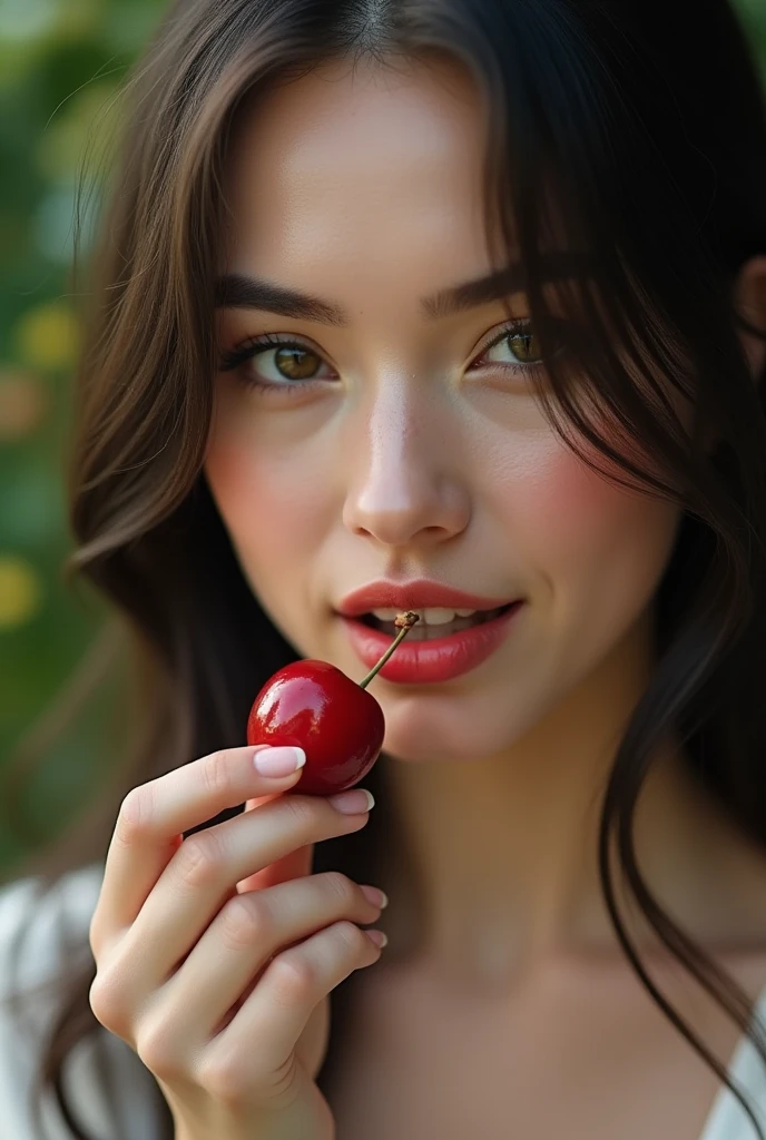 Very beautiful girl of Slavic appearance bit off a juicy cherry photo quality 8k highest quality of small details