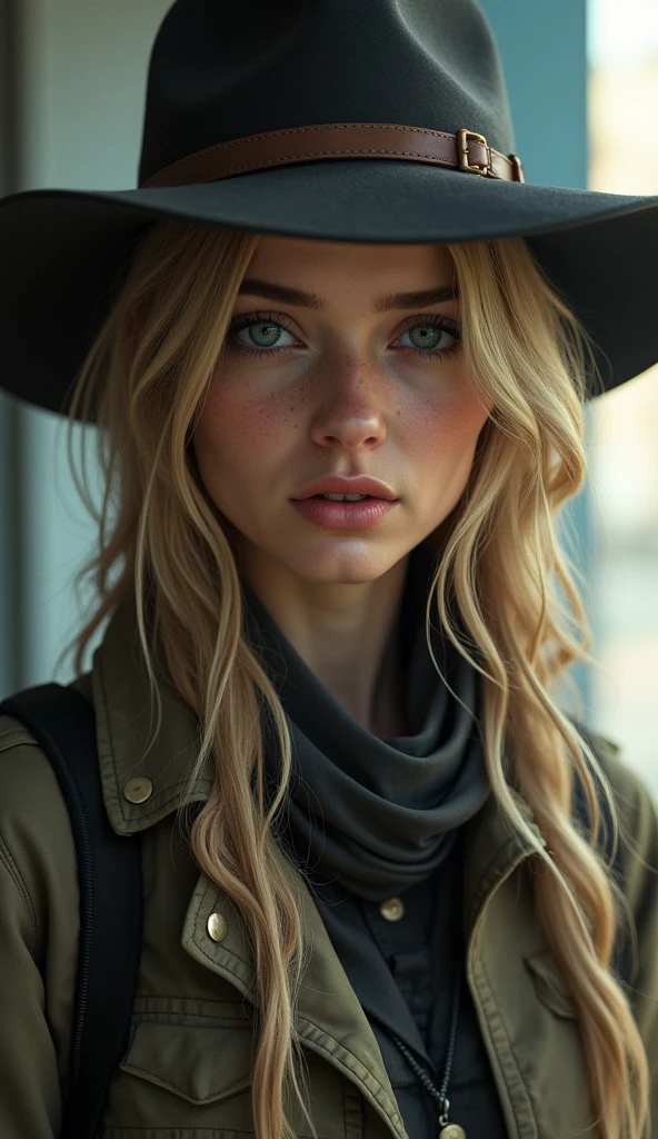 Arafed woman with blue eyes and long blonde hair wearing hat and jacket., female main character, female character, Sil of species, Ellie (the last of us), realistic cinematic portrait, Realistic character concept, jackie welles ciberpunk, Realistic character concept art, Aiden Pearce, supermodel on silent hill, video game character, ultra realistic concept art, eve ventrue, as the protagonist of gta 5