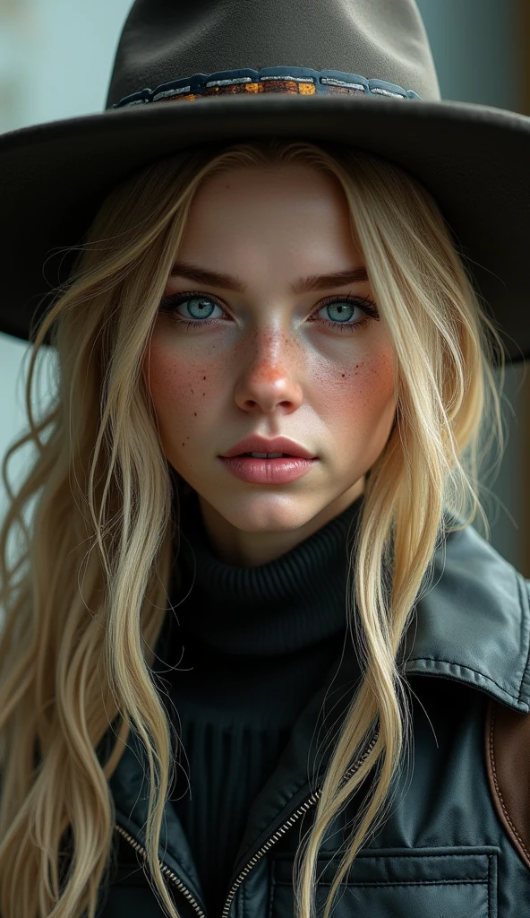 Arafed woman with blue eyes and long blonde hair wearing hat and jacket., female main character, female character, Sil of species, Ellie (the last of us), realistic cinematic portrait, Realistic character concept, jackie welles ciberpunk, Realistic character concept art, Aiden Pearce, supermodel on silent hill, video game character, ultra realistic concept art, eve ventrue, as the protagonist of gta 5
