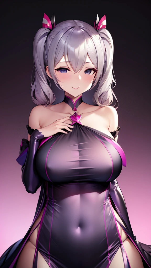 erotic、Kantai Collection Kashima、Twin tails、tall、 mature, Married women, Purple shiny nightgown、邪evilな女戦闘員, Pink and black background, Pitch-dark bedroom, Dark Theme, evil, lure, excited, A condescending grin, Lightly open your mouth、Sexy pose, Upper Body,