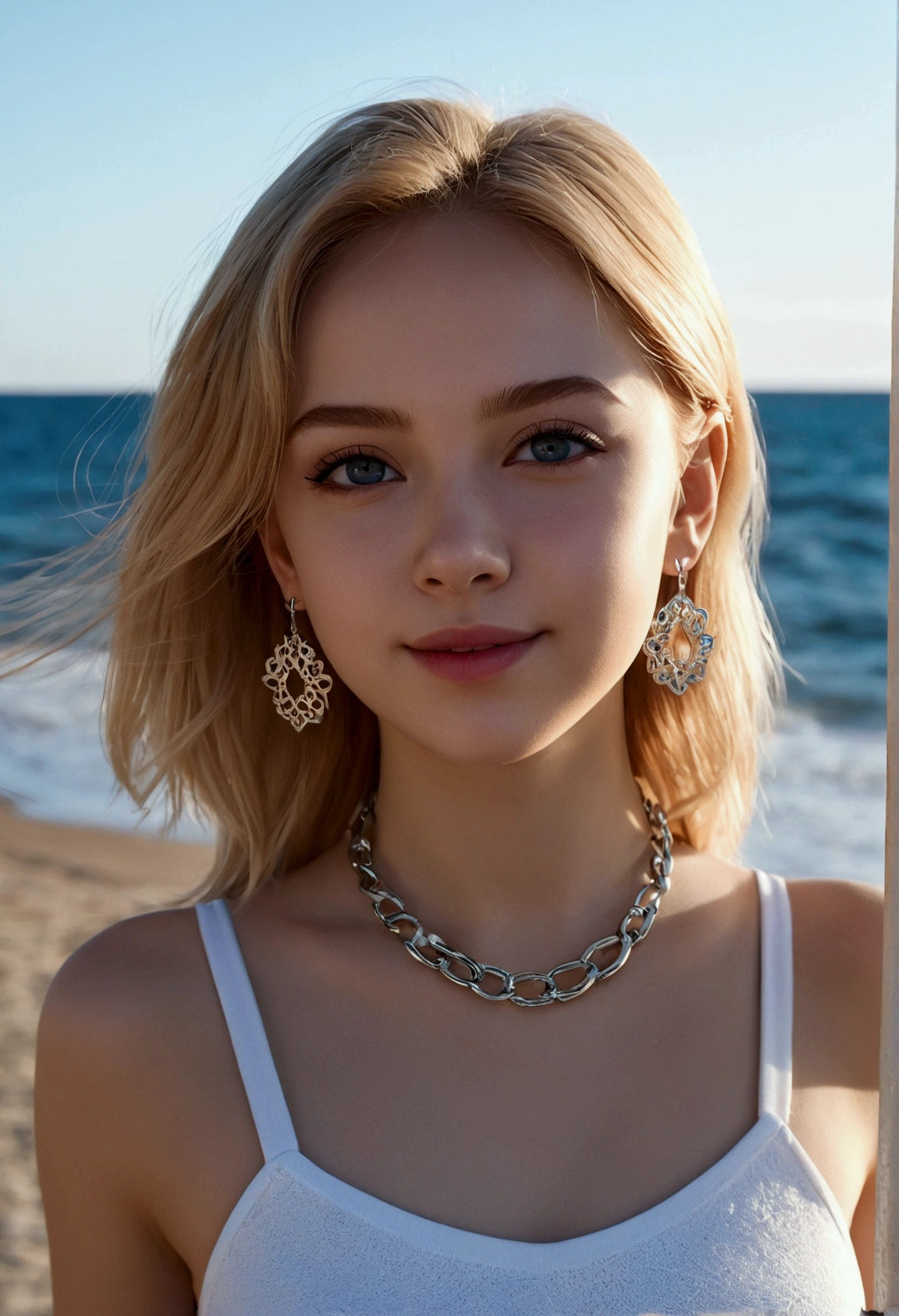 8 K, masterpiece, RAW photo, Best quality, detail:1.2), photorealistic, Extremely detailed 8 K unified CG wallpapers, depth of field, cinematic light, lens flare, Ray tracing, (incredibly beautiful face, beautiful lips, beautiful eyes) , Cara de detail intrincado, ((Ultra detailed skin)) 1 girl, In the dark, short blond hair, deep shadow, Cute Russian girl, K-POP кумир, (Very thin and lean athletic body..:1.3), ((To view the viewer)), (big smile), (nude body), (high heels), (no panties), ((Full length photo standing.)), (Full-length photographs while walking.), (injection bracelet), (beach background with sea), (neon lights), (noon), Cute Russian girl, earrings, bracelet, shackles, light eyes, Andante, (pale skin), thinking about the future, (big eyes), NSF INFO
