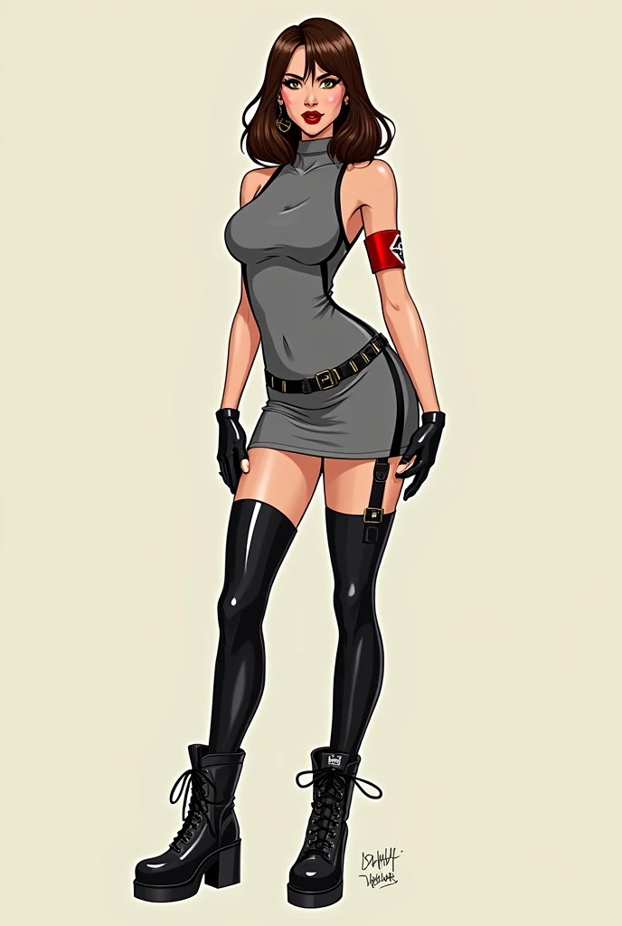 Comic book style. Character reference sheet of a Nazi princess with medium length brown hair, brown eyes, glossy red lips and a skintight gray  athletic dress with thigh high combat boots. A red Nazi swaztika hair pin and armband accessorize her outfit. Long eyelashes, thin eyebrows, seductive smile. Character Sheet. 