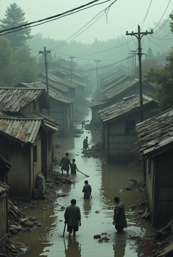Everything was destroyed, submerged in floodwater. The villagers started to rebuild their homes,