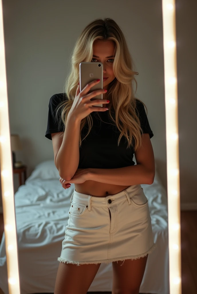 Photo of a blonde girl taking a selfie while standing in her bedroom, doing a really sexy pose with her phone in front of her mirror. She hides her face completely. She is wearing a short white skirt and a black t-shirt. She has an average build. The mirror has white LEDs.