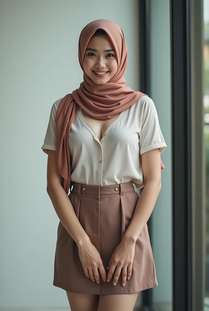 office,Malaysian Muslim women,scarf,Short skirt,photograph,reality,beauty,Looking at the camera,front,Sexy,Cleavage,Ultra HD image,Positive sister,Unbutton,,No buttons,大Chest,Cute face,nice,Chest,underwear,There is a skirt bottom,perspective,Short sleeve