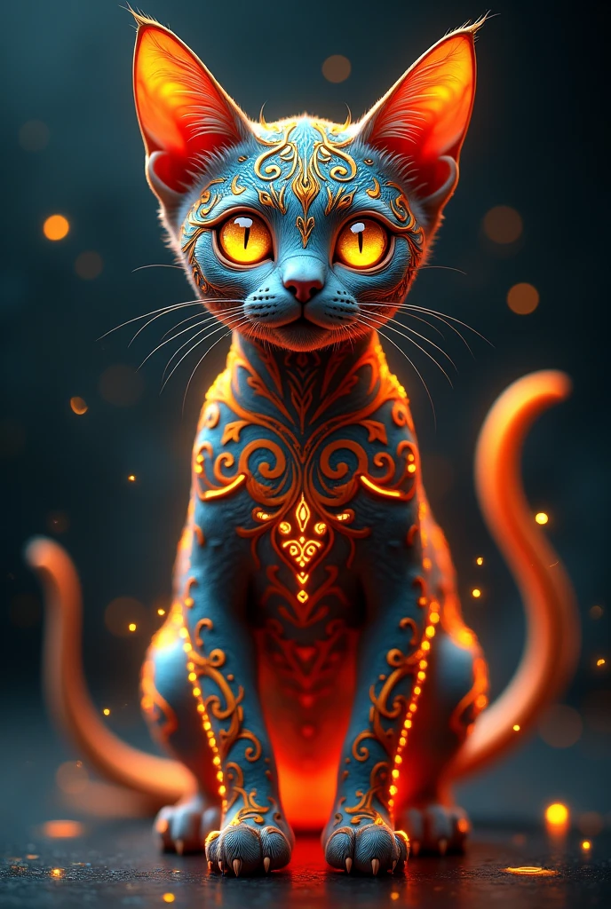 An intricate, stylized digital artwork of a devon rex cat facing forward, with glowing golden eyes. The cat is portrayed in a highly detailed, ornate style, with swirling, decorative patterns covering its body and face. The patterns incorporate vibrant colors like red, orange, blue, and gold, resembling a mix of tribal and baroque designs. The background is dark, emphasizing the glowing elements, with soft, flowing lines and particles of light radiating around the cat, adding a mystical, ethereal atmosphere. The overall vibe is otherworldly and enchanting, with a focus on fine details and glowing effects.