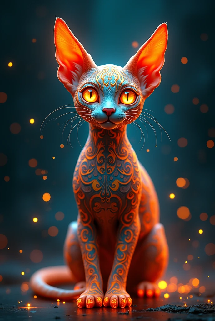 An intricate, stylized digital artwork of a devon rex cat facing forward, with glowing golden eyes. The cat is portrayed in a highly detailed, ornate style, with swirling, decorative patterns covering its body and face. The patterns incorporate vibrant colors like red, orange, blue, and gold, resembling a mix of tribal and baroque designs. The background is dark, emphasizing the glowing elements, with soft, flowing lines and particles of light radiating around the cat, adding a mystical, ethereal atmosphere. The overall vibe is otherworldly and enchanting, with a focus on fine details and glowing effects.