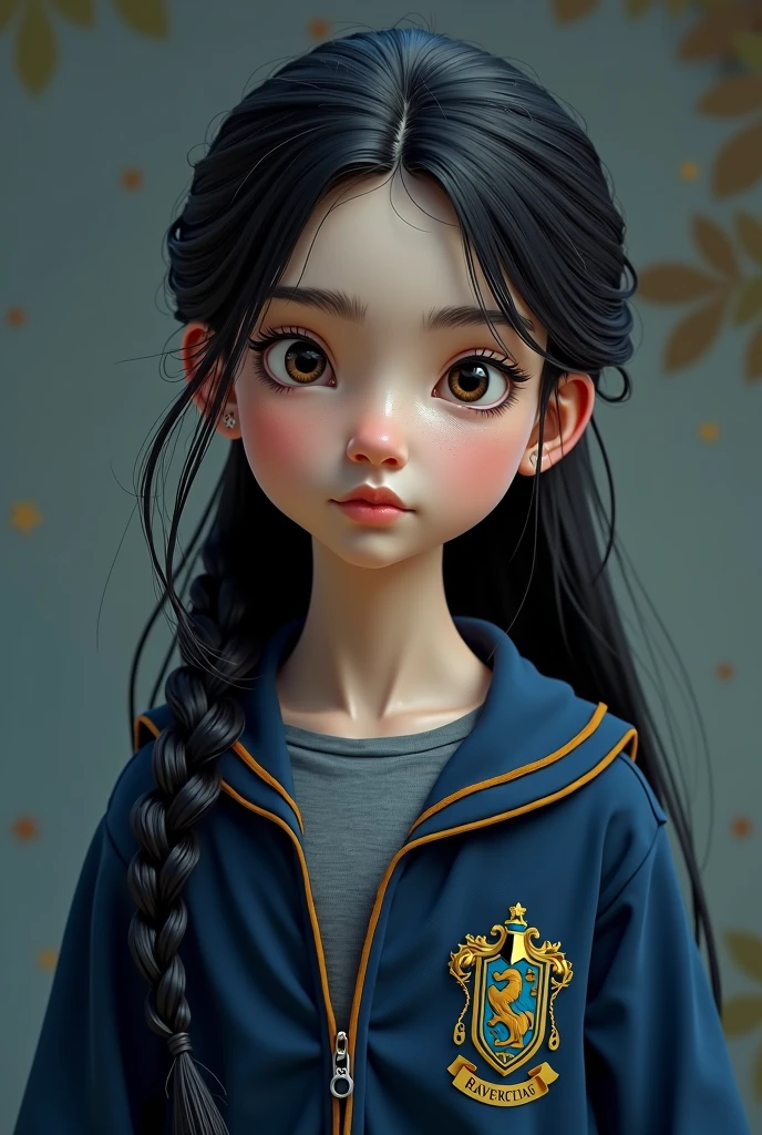 Wearing a Ravenclaw shirt, an -yeld giwith a slender face with a clear jawline, dull grey eyes, long black hair, sometimes tied up and left a few strands loose, pale skin color.