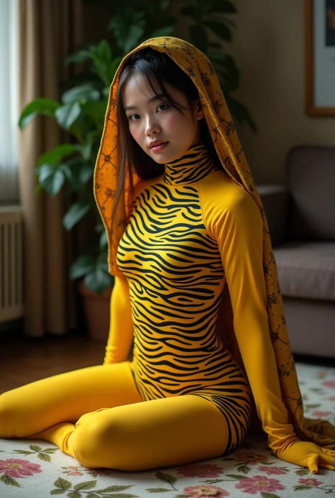 A most beautiful and thin 29 years old taiwan contortion girl wears yellow zebra Lycra turtleneck unitard catsuit covered with seamless black zebra paterns.She always wear zebra print Lycra dancewear hijab-like hood.She has beautiful cheeks on her face.She is take part for contortion performance.She performs contortion in the house.