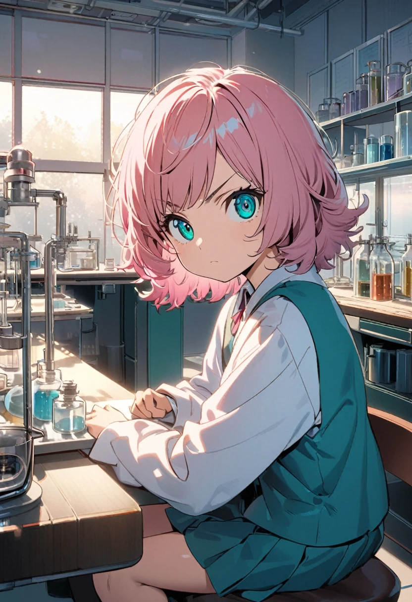 Haibara Ai \(Meitantei Conan\), (short hair), (bright soft pink hair), (sharp teal eyes):1.2, (7 years old), (Girl school uniform), ((serious)), ((ultra-detailed)), ((illustration)), ((shaggy hair)), (beautiful detailed eyes), (female), 1girl, (sitting), ((laboratory, morning)), looking at viewer