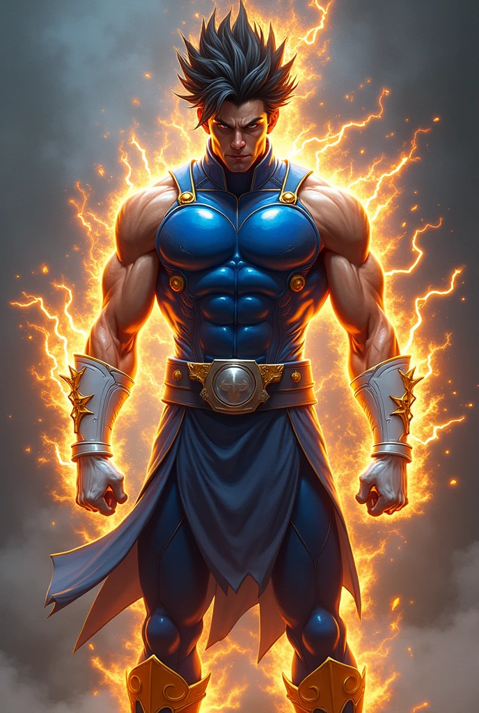 Depicting a proud elite warrior, he is slimmer and wears blue combat uniforms.、He's wearing white underwear and yellow-toed boots. He's got his beard removed, his hair is on fire, he's got yellow-toed boots on. He's thinner, his hair is on fire, lightning is running all around him, his hair is on fire more, he's awake!!Put white gloves on him, make his clothes more like those of a warrior race, get rid of the cloak and wear white underwear, make his clothes more like a Saiyan, give him black hair and a fierce look in his eyes, make his clothes more suitable for fighting, put on boots with yellow toes, get rid of the cloak and wear white underwear, make his hair black and wear white underwear, change his clothes to something a proud warrior would wear, make him look more like a Saiyan, put on blue leggings,