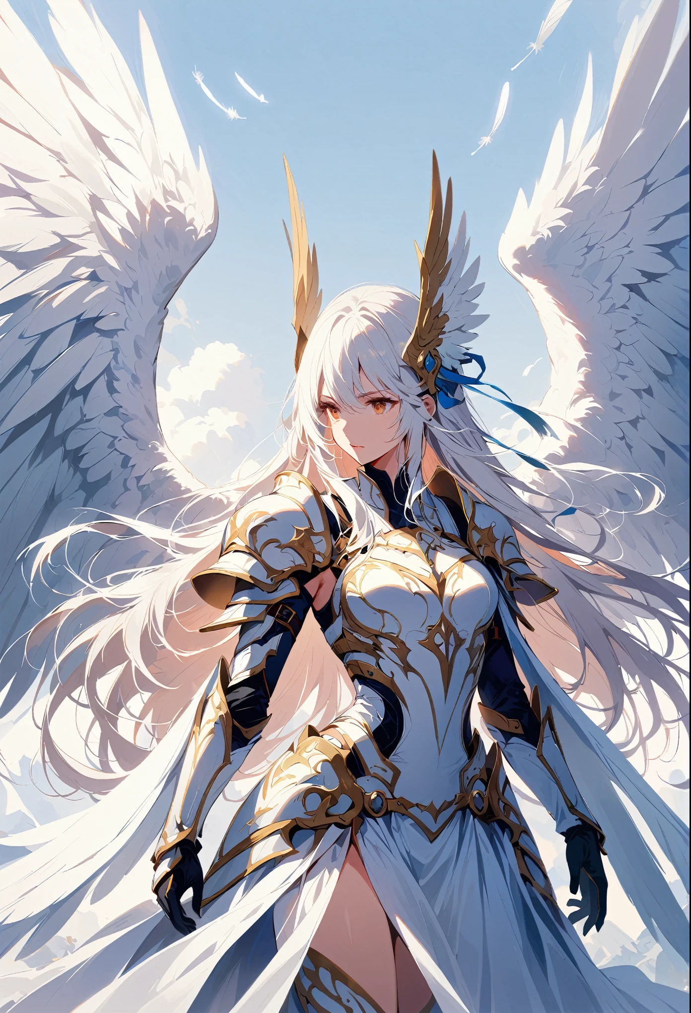 1girl angel angel_wings armor feathers_Long wing feathers_Hair Shoulder Armor Shoulder_Armor single piece_Upper wing separate_The body is white_Theme White_Wings Wings
