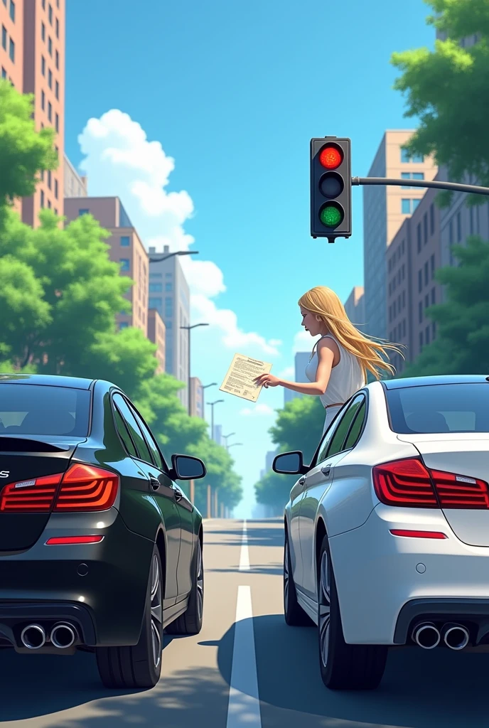 create a photo on a road with two cars, one side of the other, with one being black and the other white, both lined up stopped at the traffic light, put a female hand handing a paper from the white car to the black car, animation style