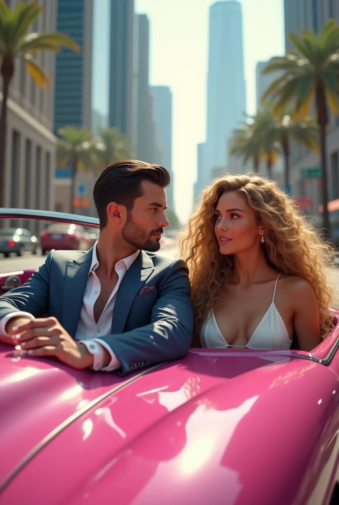 Tall and handsome man with short dark hair drive pink luxurious car with beautiful perfect girl sexy with long curly blonde hair