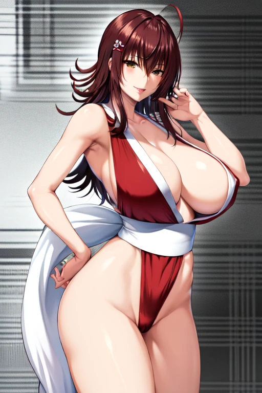 masterpiece, best quality, beautiful art, high resolution, well formed hands, body and fingers, 1 woman, solo, Ryouko Mikado, 31 years old, red makeup, red lipstick,, grown up, cosplaying as Mai Shiranui , mai_shiranui_cosplay, adultge and big breasted, cleavage, full body , hair ribbon, gorgeous legs and, thighs, sexy Japanclothes, hair ornament , sexy and bare , hips and thighs, panties peek, dancing seductively and erotically, turning backwards and forwards, showing her back and front, shaking her body alluringly, red t back thong, smiling joyfully, sweating ,looking at the viewer, bouncing breasts, sweating, flirting, biting her lips, beach environment