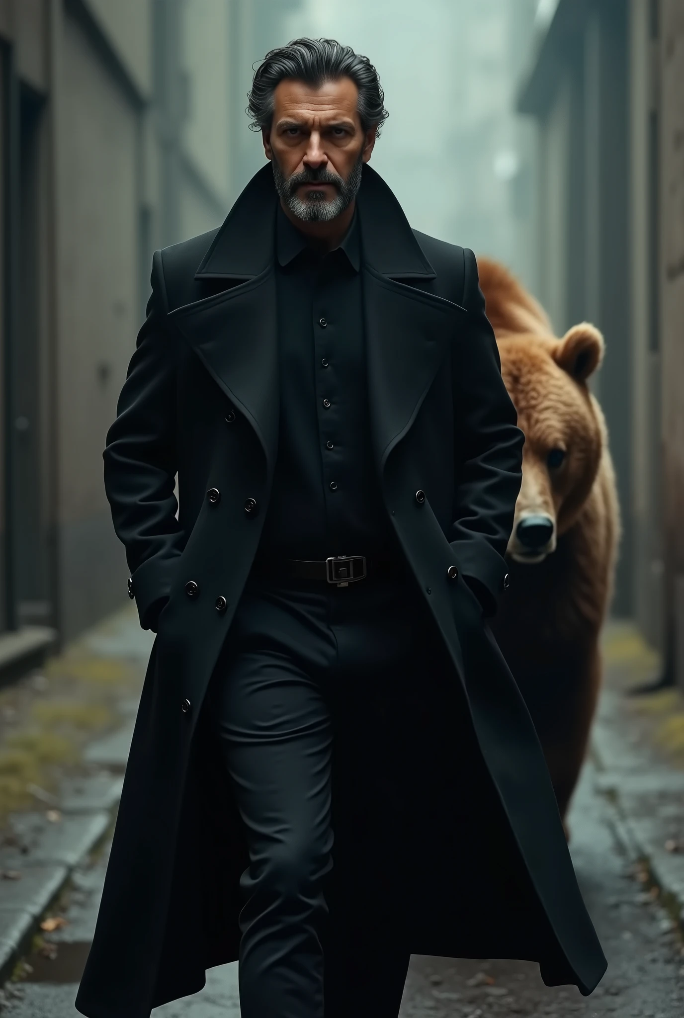 man resembling Can Yaman in flowing black coat walking with hands in pockets, with a big brown bear behind him