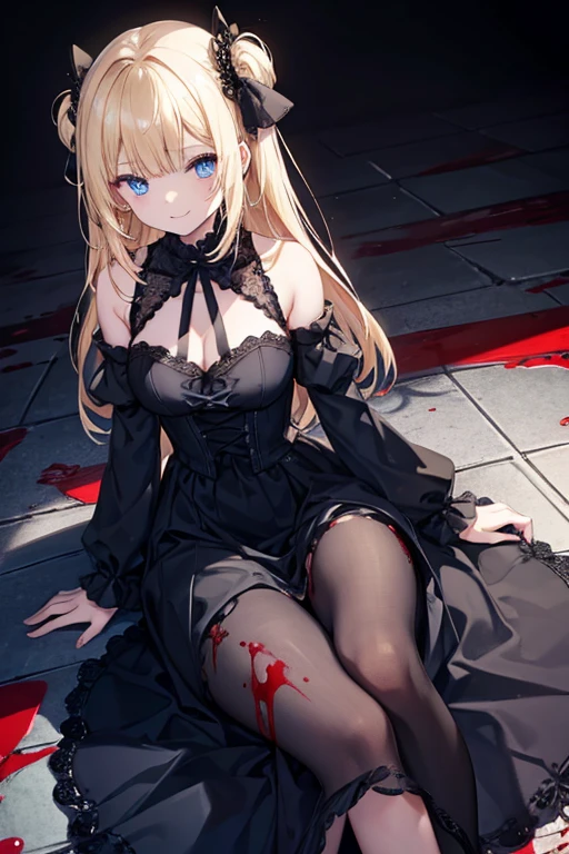 Holding a black telephone receiver、She is wearing a pretty dress、Blonde、blue eyes、Smile eerily、The knife falls to the floor、Blood splatter