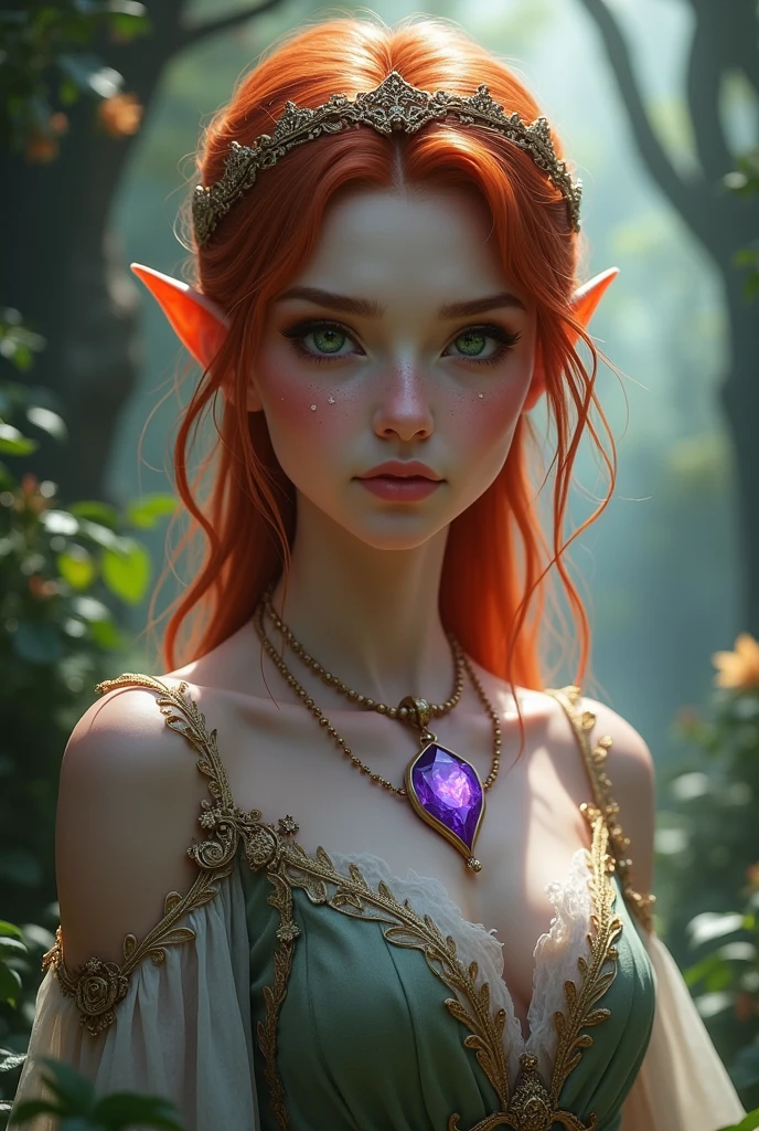 young adult, beautiful, redhead, side part hairstyle, dark green eyes, elven dress, tiara, elf, sorcerer, fantasy, magical, purple pendant or amulet