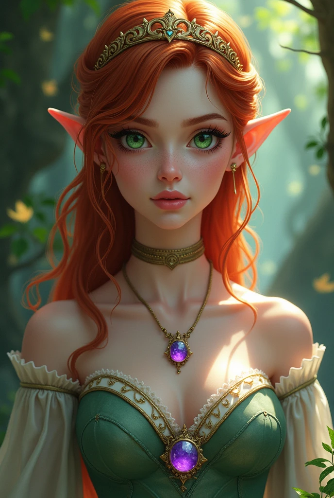 young adult, beautiful, redhead, side part hairstyle, dark green eyes, elven dress, tiara, elf, sorcerer, fantasy, magical, purple pendant or amulet