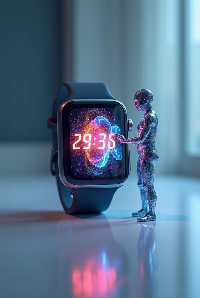 give me a simple watch, but what about the time of a 3D hologram, and next to it there is a hologram of a small human