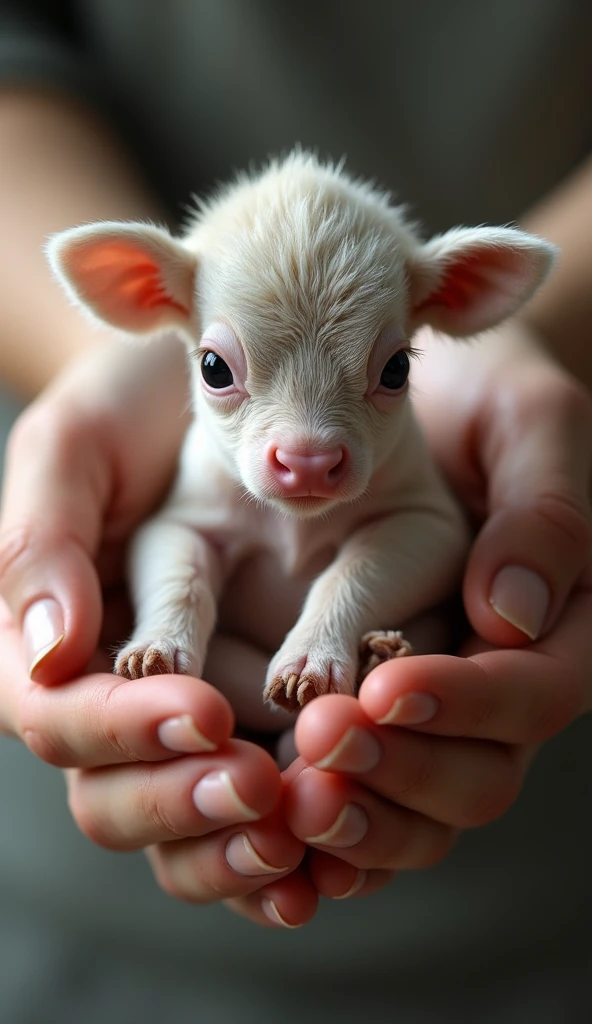 A real calf in a pair of hands，，hairy，animal，lifelike，meticulous，HD