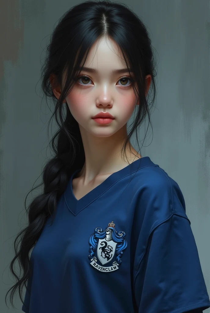 Wearing a Ravenclaw shirt, the girl has a slender face with a clear jawline, dull grey eyes, long black hair that is sometimes tied up and left slightly loose, and pale skin color.