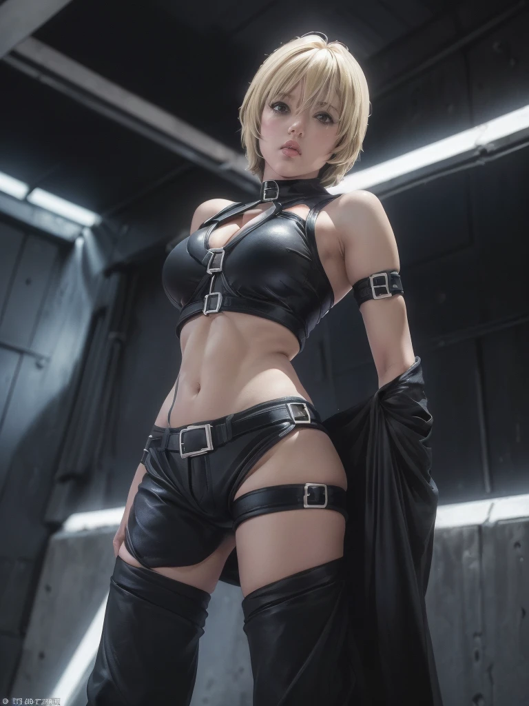 kurosaki mea、最high quality、high quality,, ((Masseter muscle area)), ((High resolution)), ((最high quality)), detailed, ((Glowing Skin)), (High leg bodysuit:1.2)、and, ((huge 、Blonde、Short Bob))、(Black Bondage, Black hot pants:Open the front of your pants:1.4), Big Tits:1.4, Big Breasts:1.4, Voluptuous bust:1.4, Bare belly:1.4, exposed navel:1.2, (See the front-facing camera:1.5、Looking at the audience:1.5)、(No pause 1.5, Standing still:1.4), ((background:Inside the futuristic facility:1.4))