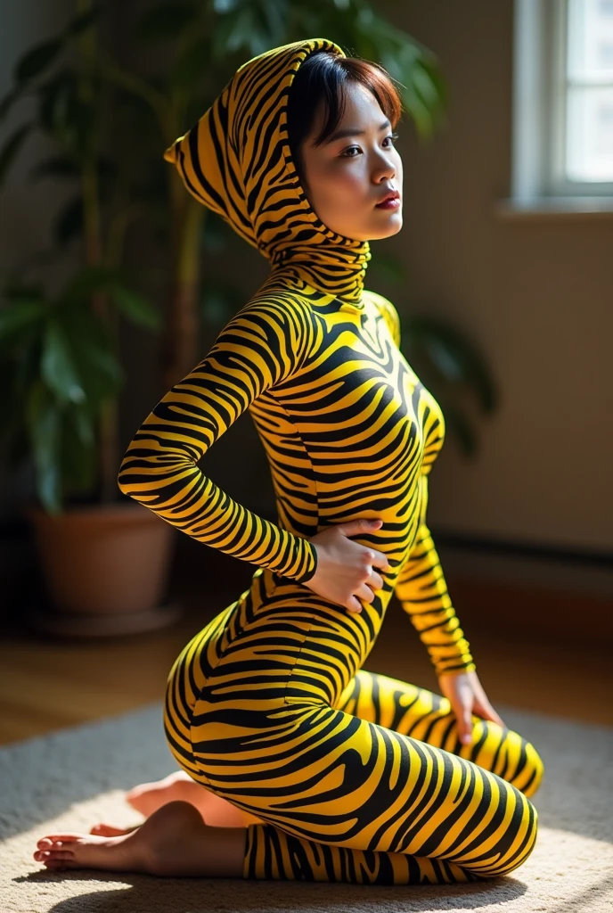 A most beautiful and thin 29 years old taiwan contortion girl  wears yellow zebra Lycra turtleneck unitard catsuit covered with seamless black zebra paterns.She always wear zebra print Lycra dancewear hijab-like hood.She has beautiful cheeks on her face.She is take part for contortion performance.She performs contortion in the house.