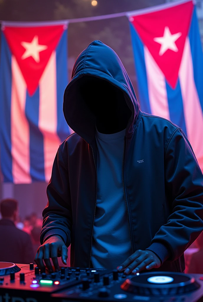  An anonymous DJ whose face cannot be seen in urban clothing and a hood. that the phrase appears somewhere "LaEraTimbera" with the colors of the Cuban flag and also include in the background some Cuban flags and a nightclub atmosphere 