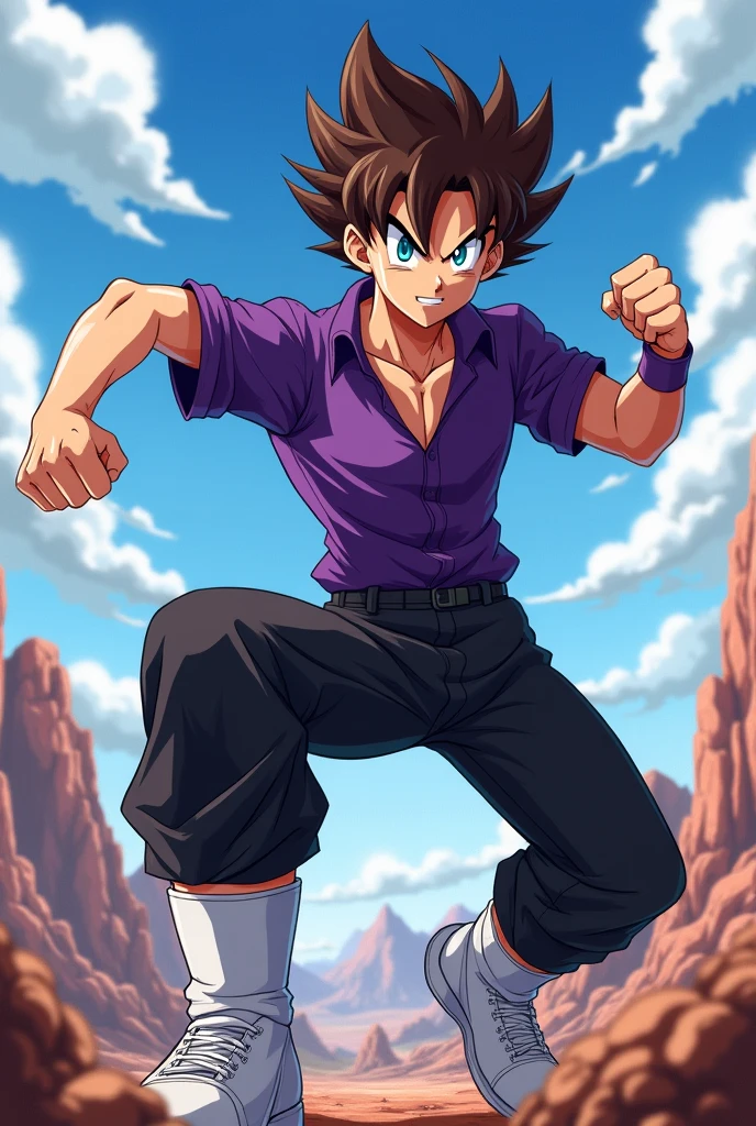 Create a male anime character in Dragon Ball style with brown hair and blue eyes, purple shirt, black pants and white shoes