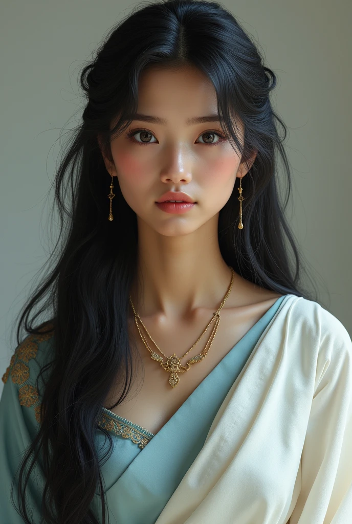 A west bengal indian young woman, heavily dark silky hair,age 22,height-1.65 m.,slim -beautiful-slender figure like goddess,very "milky"fair skin with soft delicate aura, face have milky color with rosy demeanor, pink lips, perfect facial shape,1203 AD,pearl white, sky blue mixed sarii, daughter of a landlord, of that time,bengal culture, eyes are dark gray colored face is calm,expression like a (arrow-shot- deer hurt by hunter),indian girl,have necklace of gold,indian-indian-west bengalian girl