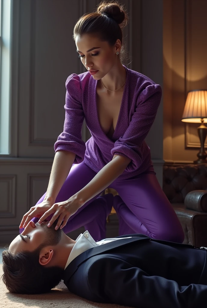 Mistress,white skin, brown bun hairs, wearing purple shining boot-cut pants, wearing purple shining blouse, wearing black home sandals, trampling man's face,man is suited, man in handsome, man's face trampled by mistress shoe, mistress puts her shoe on man's face, man's face trampled by mistress shoe, man lying down under mistress, surrendering against mistress, mistress victory posing on man, femdom, penthouse floor, trampling