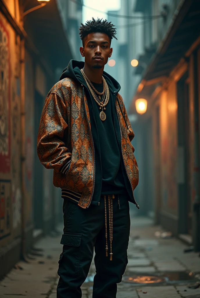 A young rapper standing confidently in an urban alleyway. He’s dressed in streetwear with subtle traditional Indian elements, like a necklace of rudraksha beads and a jacket with intricate patterns inspired by Indian mythology. His expression is intense and focused as he begins to rap, with graffiti of ancient symbols like a bow and arrow, and the ten heads of Ravana visible in the background. The setting is dimly lit, emphasizing the rapper's presence and the fusion of old and new.