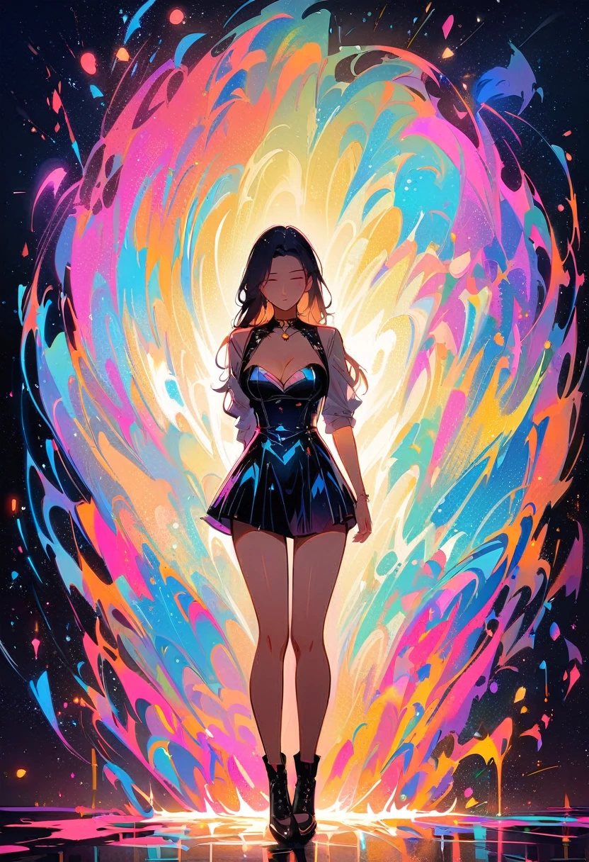 (work of art, best qualityer:1.2),black light, 1 girl, standing alone, , thigh, short skirt, sexy