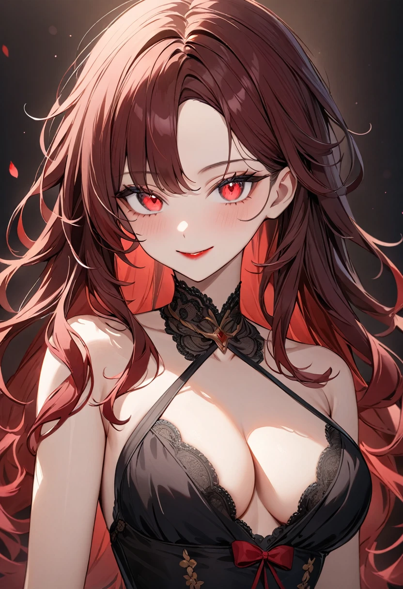 (masterpiece, top quality, very aesthetic, 4k、illustration), intricate detail, 1woman,solo,contrapposto 、(gradient eyes、tareme)、Strong glowing eyes、parted bangs,Fair skin,(upper body)、Cool women、Cleavage、 smile、(red lipstick),beautiful face、(gradient hair)、(dark red hair)、(messy hair),sidelock ,parted bangs,red eyes、halter top Victorian Dress、medium breasts、slender 、