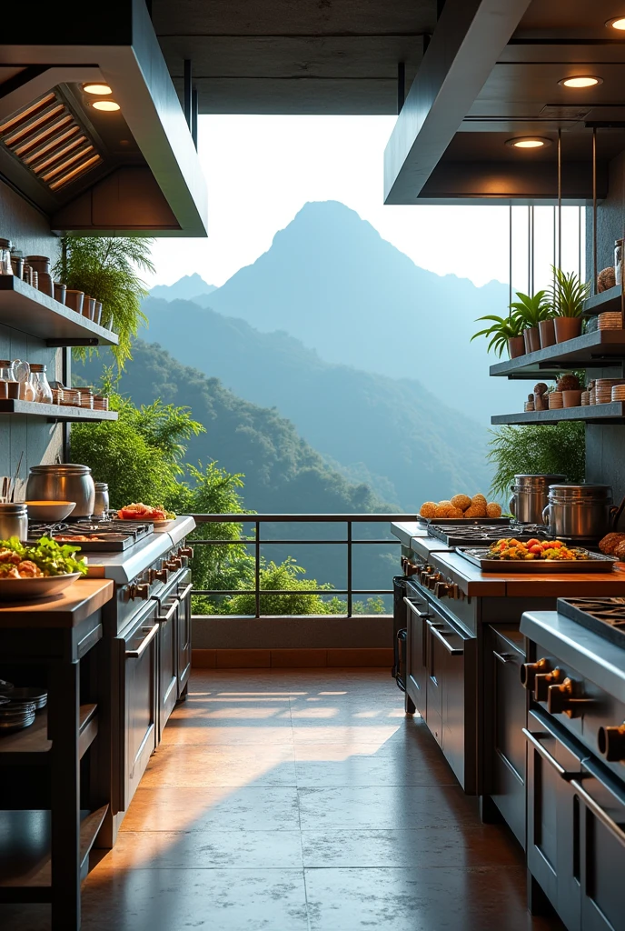 A cooking place with out people with  kota Kinabalu sabah mountain as background 