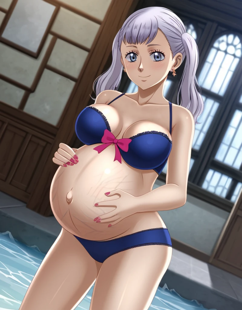 noelle_blackclover, Noelle Silva, Black Clover, long silver hair, waist-length hair, half-up half-down hairstyle, ribbon, soft waves, side-parted bangs, almond-shaped blue eyes, high-quality, ultra-detailed, beast quality, 8K resolution,
looking at viewer, dutch angle, cowboy shot, smile, pregnant belly, large belly, big belly, big Breasts, Stretch marks,
1girl,solo, indoors, street, happy, Smiling, rub belly,
full body, Nail polish, Earrings,