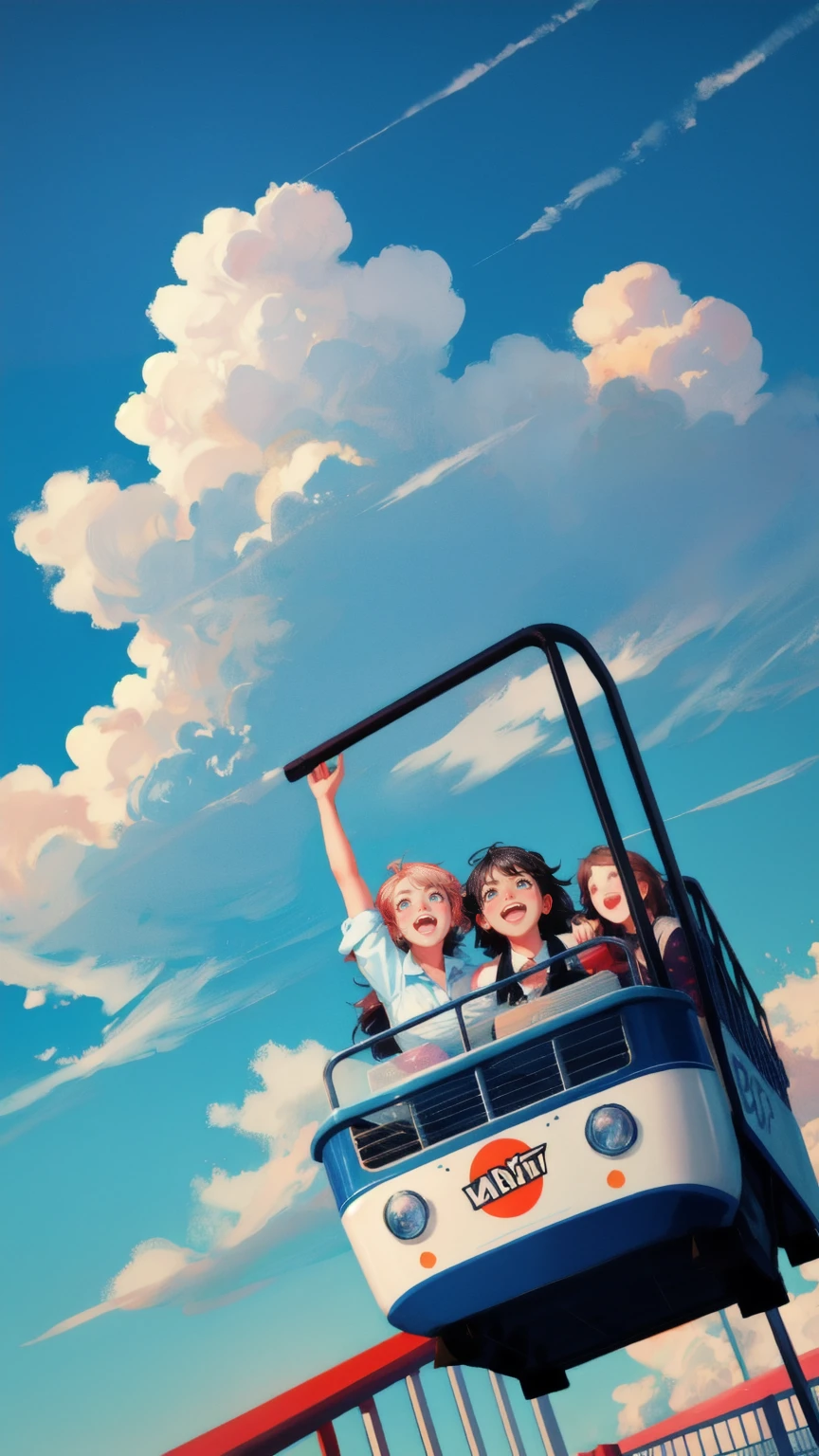 Create an image featuring a dramatic roller coaster ride set against a bright blue sky with fluffy clouds. Replace the front of the roller coaster with a cute girl who has a terrified expression, her mouth wide open in a scream and her eyes bulging as she clutches the safety bar. The roller coaster cars should be themed with large dollar signs, symbolizing the wild ups and downs of the financial market. The track should twist and turn sharply, with passengers in the background raising their arms in excitement and fear, capturing the intense, unpredictable nature of the ride."