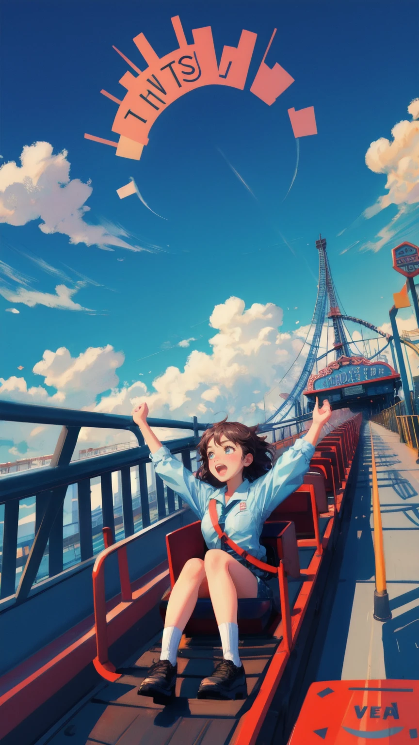 Create an image featuring a dramatic roller coaster ride set against a bright blue sky with fluffy clouds. Replace the front of the roller coaster with a cute girl who has a terrified expression, her mouth wide open in a scream and her eyes bulging as she clutches the safety bar. The roller coaster cars should be themed with large dollar signs, symbolizing the wild ups and downs of the financial market. The track should twist and turn sharply, with passengers in the background raising their arms in excitement and fear, capturing the intense, unpredictable nature of the ride."