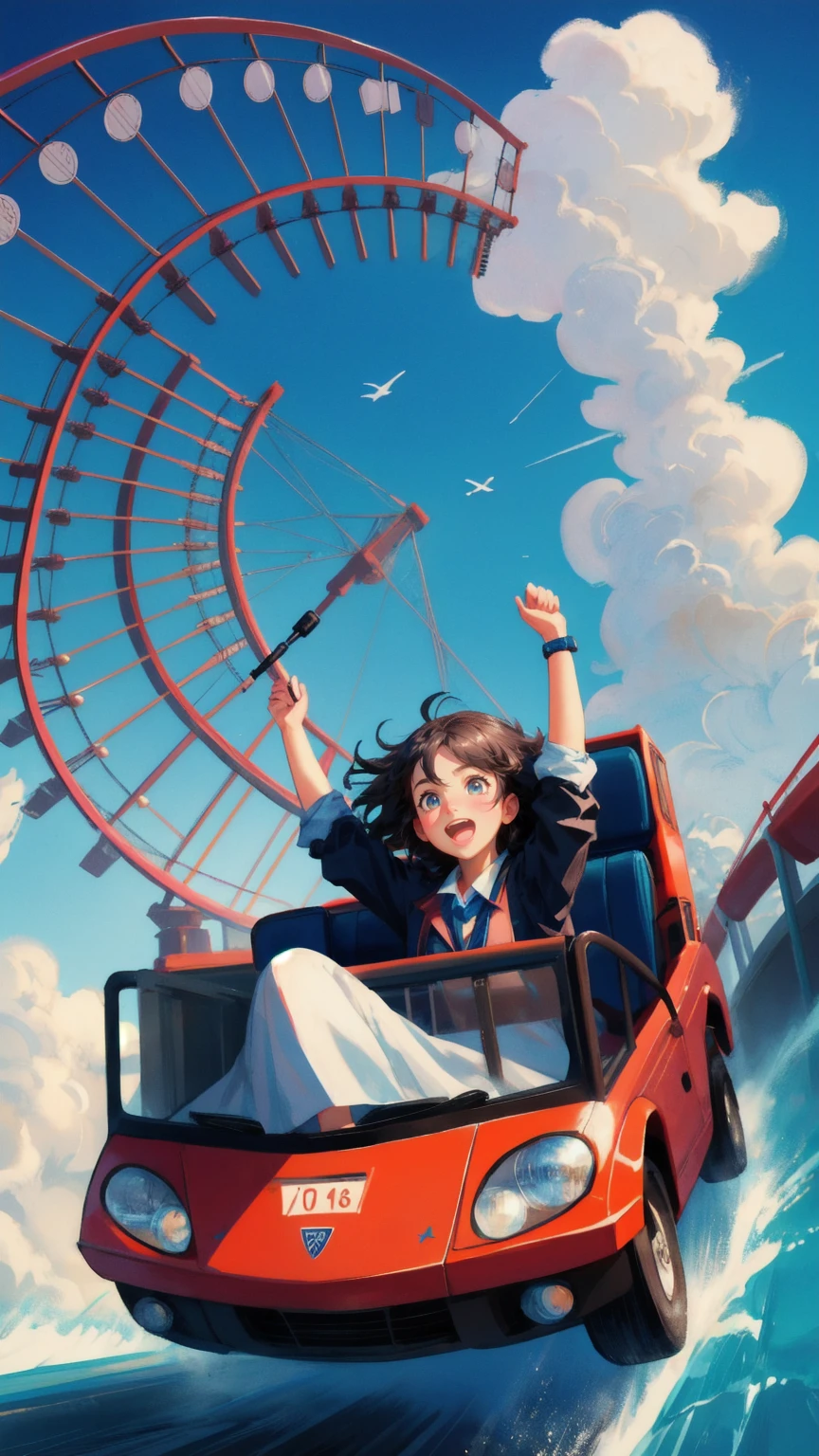 Create an image featuring a dramatic roller coaster ride set against a bright blue sky with fluffy clouds. Replace the front of the roller coaster with a cute girl who has a terrified expression, her mouth wide open in a scream and her eyes bulging as she clutches the safety bar. The roller coaster cars should be themed with large dollar signs, symbolizing the wild ups and downs of the financial market. The track should twist and turn sharply, with passengers in the background raising their arms in excitement and fear, capturing the intense, unpredictable nature of the ride."