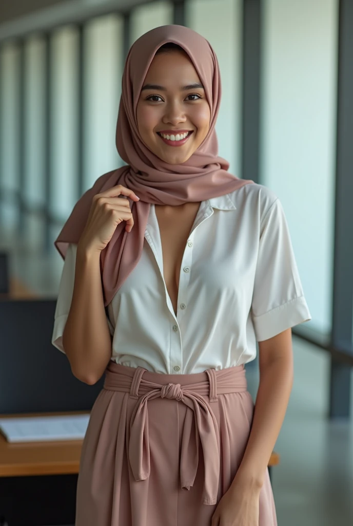 office，Malaysian Muslim women，scarf，Short skirt，photograph，reality，beauty，Looking at the camera，front，Sexy，Big cleavage，Ultra HD image,Positive sister，Unbutton，，No buttons，大Chest，Cute face，nice，Chest，underwear，There is a skirt bottom，perspective，Short sleeve，摸着Chest