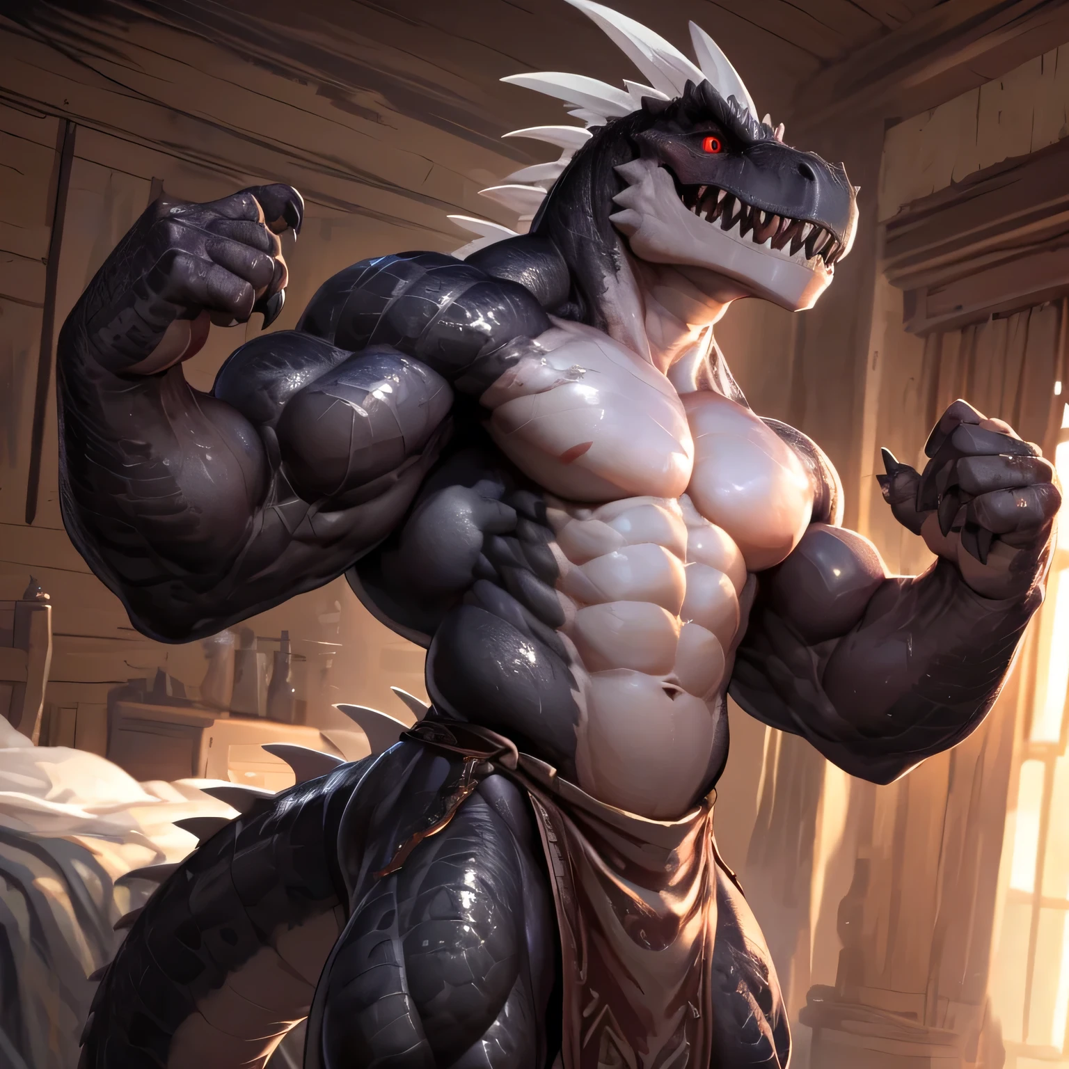 solo, anthro, furry male, T-Rex, ((Ultra detailed muscles)), (T-Rex print), black scales, white belly, spiny scales, standing up, men's bodybuilding pose, front double biceps pose, bodyguard outfit, black claws, red eyes, slit eyes, slim fit, muscular slim, bedroom, menacing, handsome, flirting, ultra detailed eyes, pecs, tail, hind leg, (Masterpiece, by null-ghost, hi-res, 8k), torso, black color loincloth, oil stain, looking at viewer,