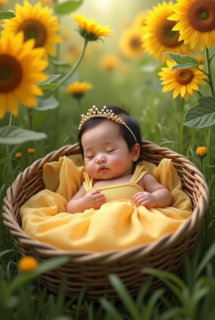 Create hd real pinay baby girl wearing princess yellow lay down in the basket with arounding sunflowers and grass