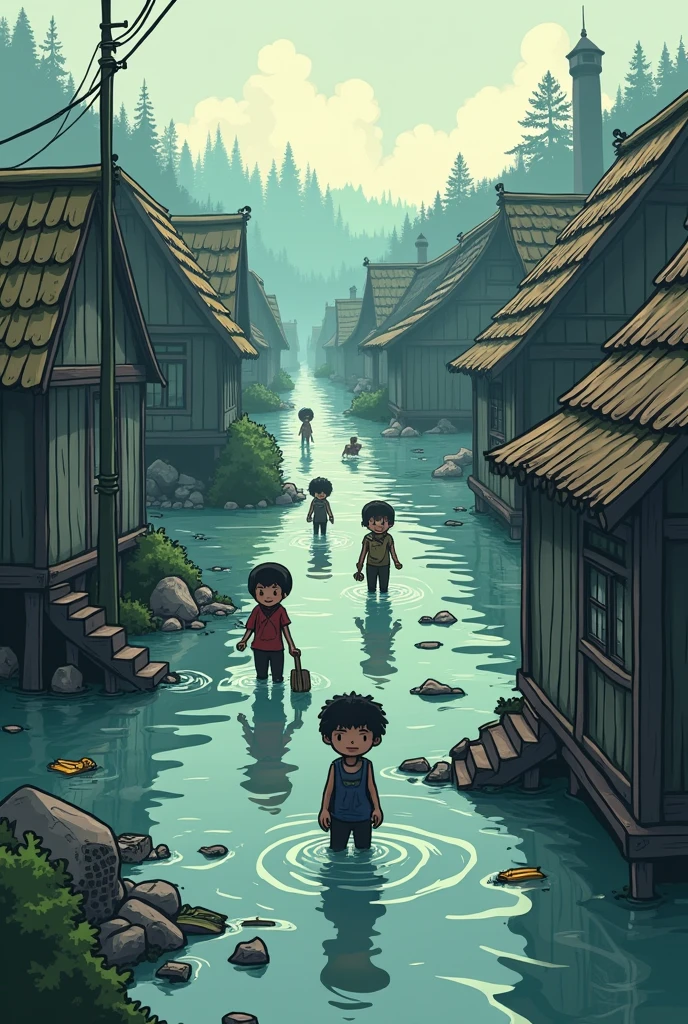 Everything was destroyed, submerged in floodwater. The villagers started to rebuild their homes. make it cartoon and gloomy