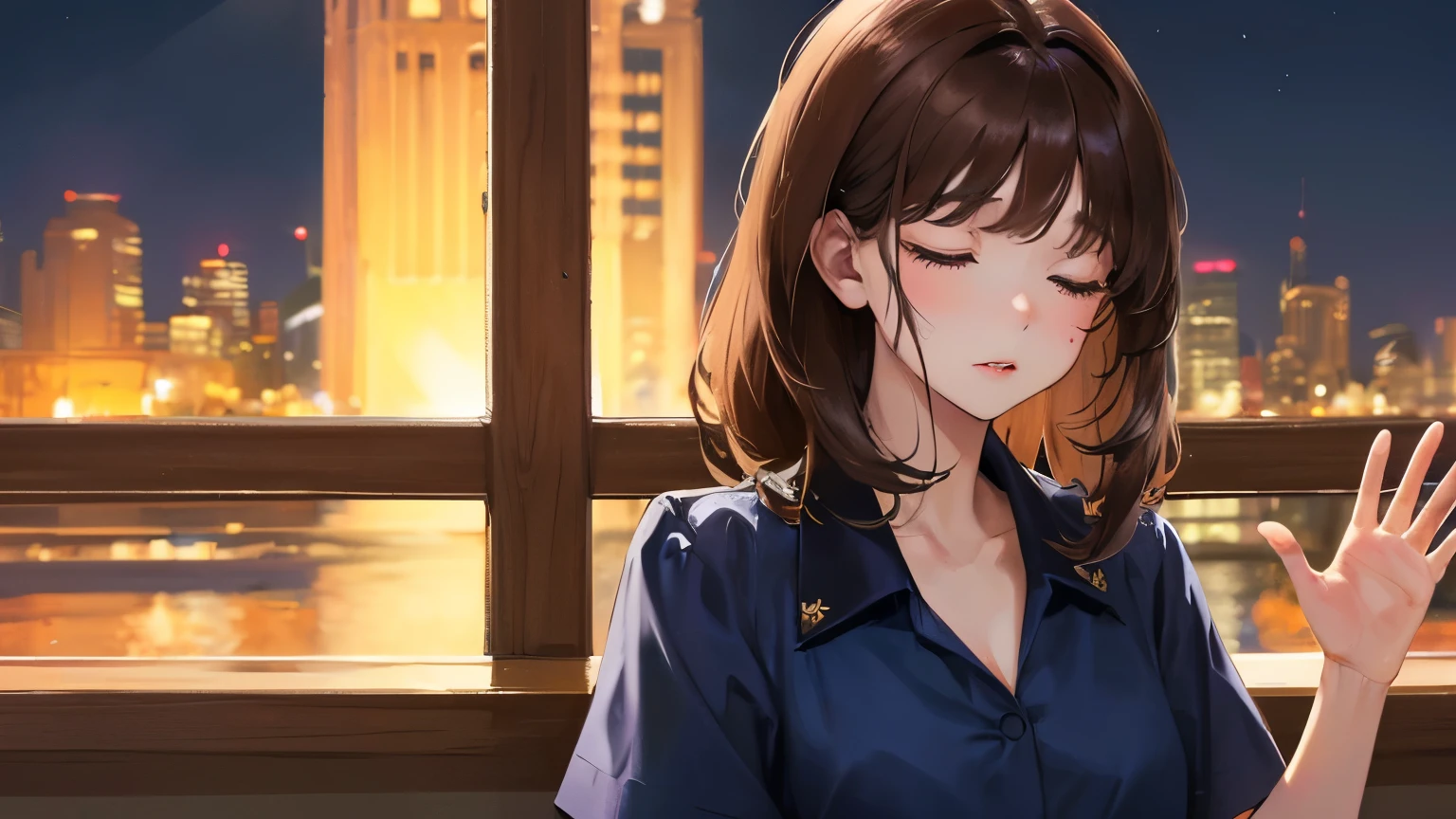 ((One woman)) ((Sleepy expression))),(((Night Background)))、(((Raise one hand))),(((Red cheeks)))、,Masterpiece,best quality,,((Navy blue blouse))、((Being drunk))、((Brown Hair)),determined expression, Upper body diagram、 (Highest Resolution、Clear_image)、Best Quality、Light and shadow contrast、((Backlight))、Very detailed、Semi-realistic、Semi-long hairstyle、、bangs、19 years old、 Young lady,,young、((View from the front))、Delicate Facial Features