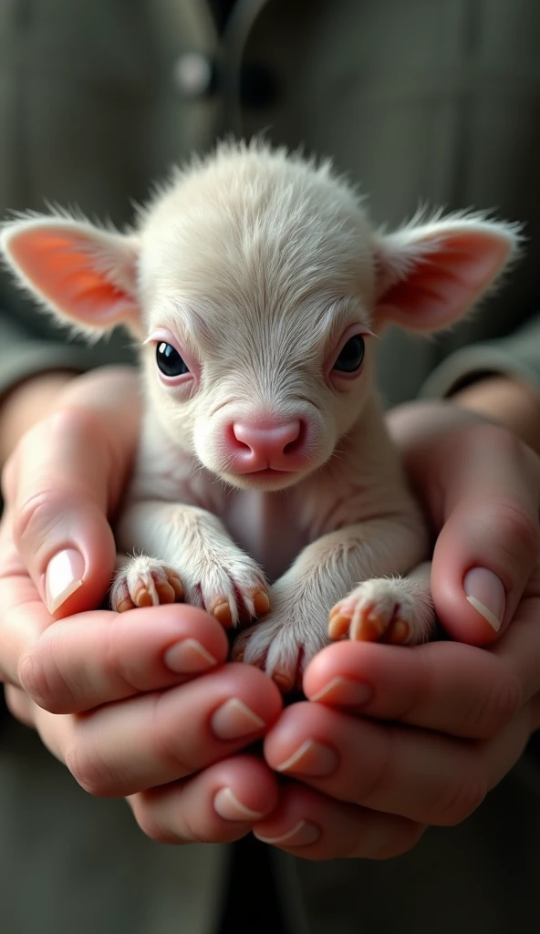 A real calf in a pair of hands，，hairy，animal，lifelike，meticulous，HD