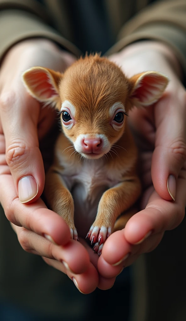 A real calf in a pair of hands,,hairy,animal,lifelike,meticulous,HD